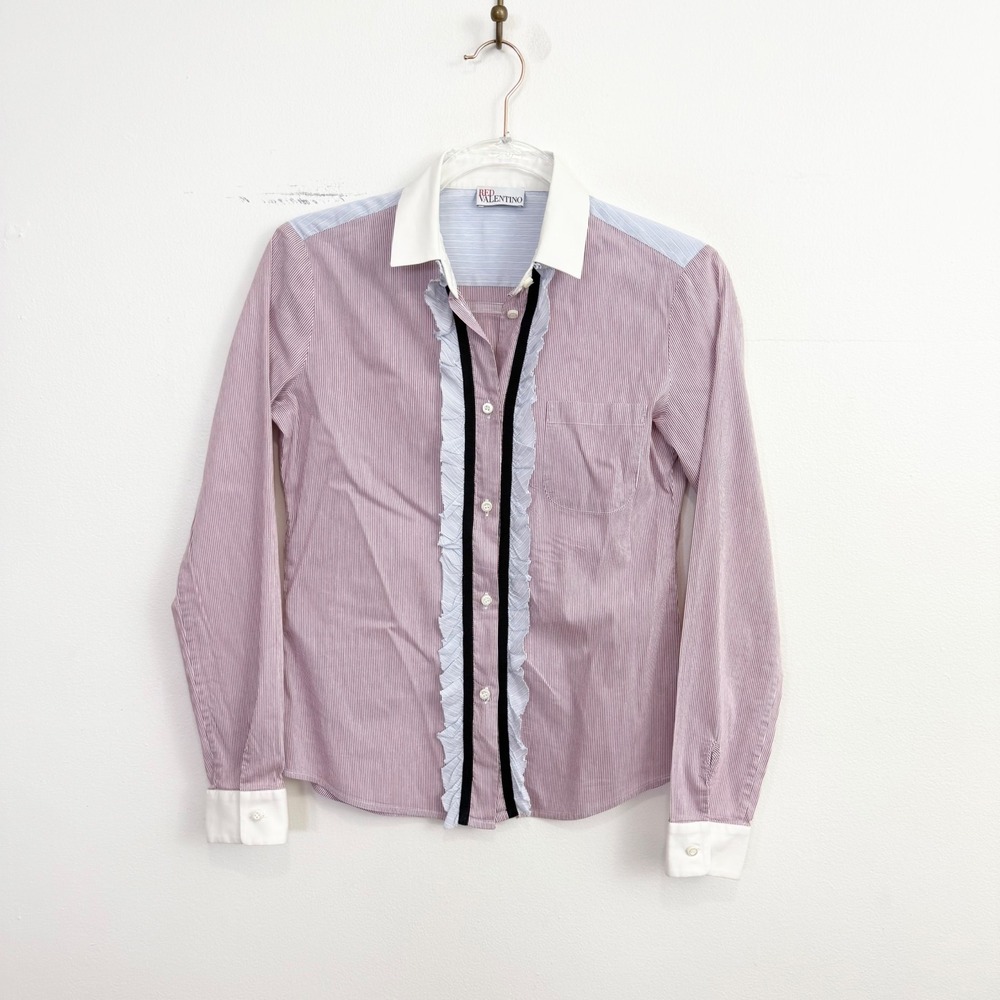 RED Valentino Ruffle Trim Striped Button Front Shirt Estimated XS
